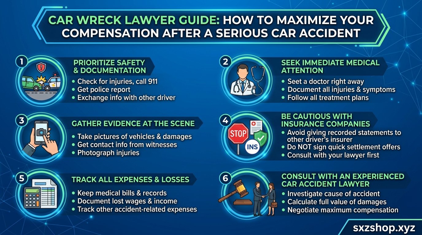 Car wreck lawyer guide explaining how to maximize compensation after a serious car accident and legal steps for injury claims